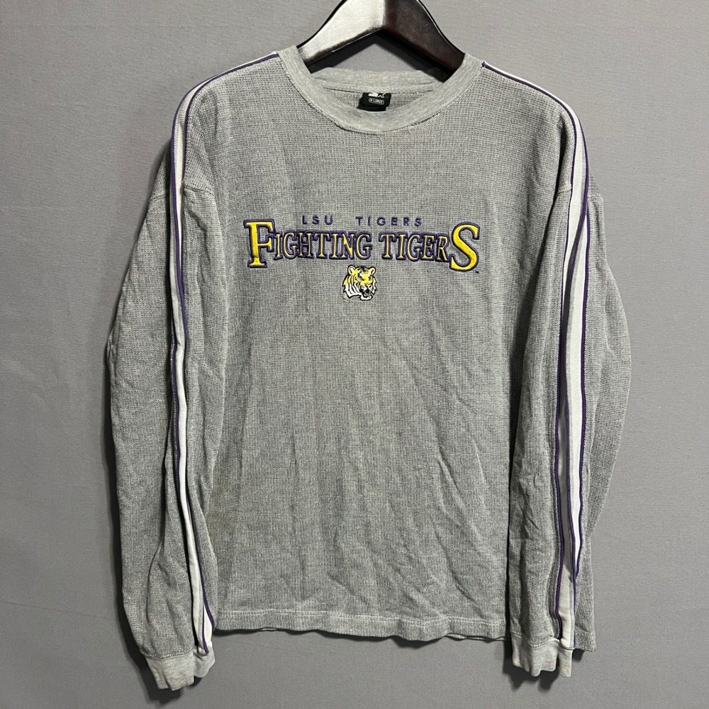 Starter LSU Tigers Fighting Tigers Grey Waffle Knit Long Sleeve Shirt Mens XL